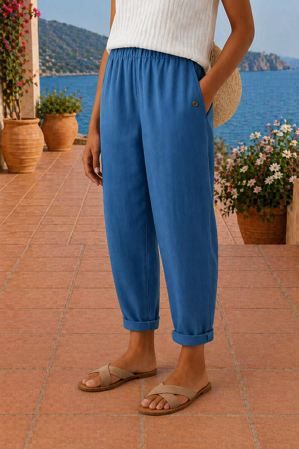 Pantaloni in lino leggeri blu, vita elastica con bottone, fondo alla caviglia