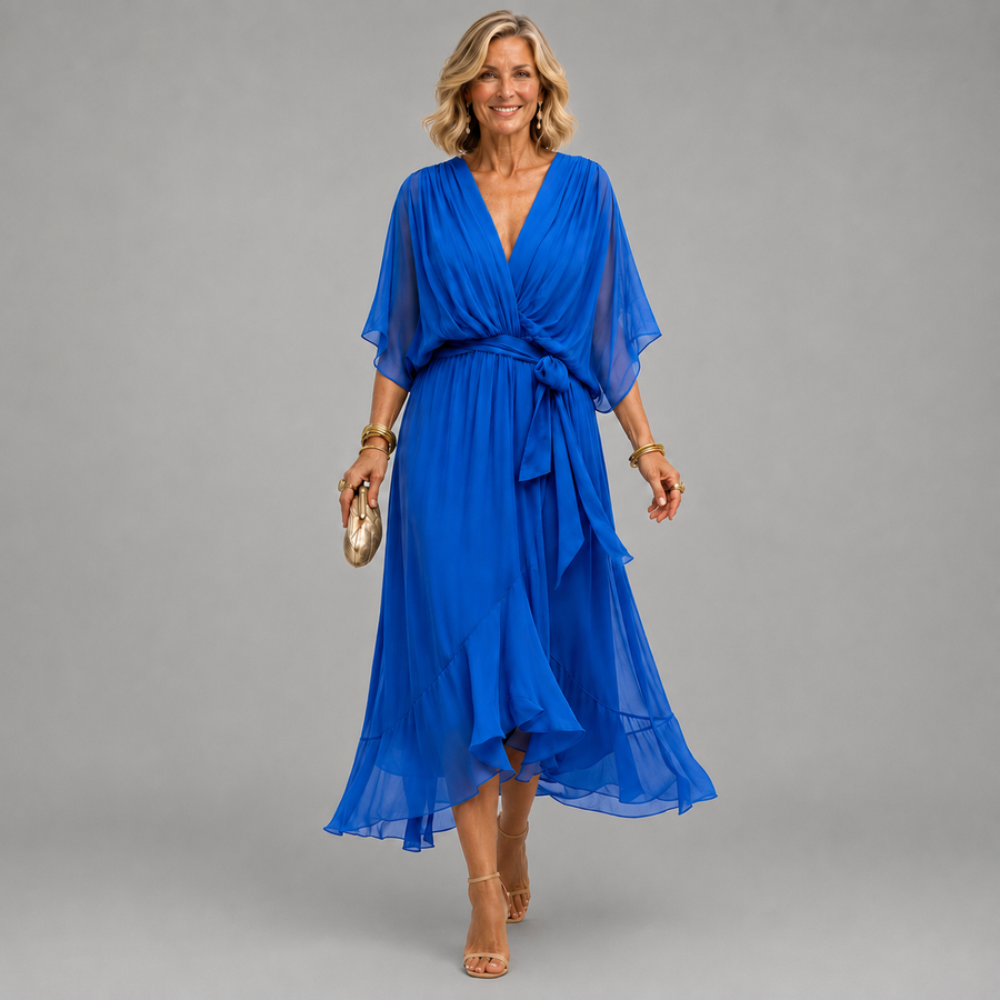 Blue V-neck tie-waist midi dress with draped flutter sleeves and layered chiffon skirt