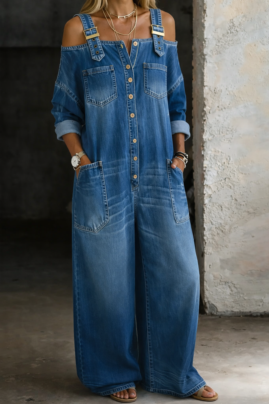 Blue off-shoulder denim overall with front button placket, wide pockets, and adjustable straps