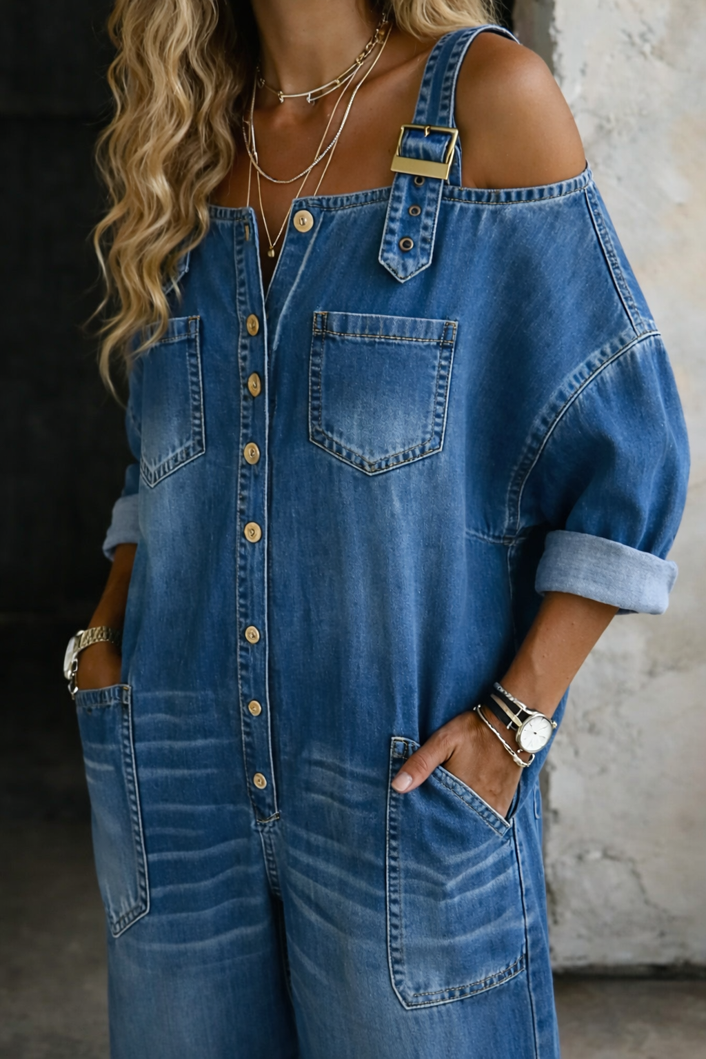 Blue off-shoulder denim overall front view with chest pocket, button placket, and wide straps