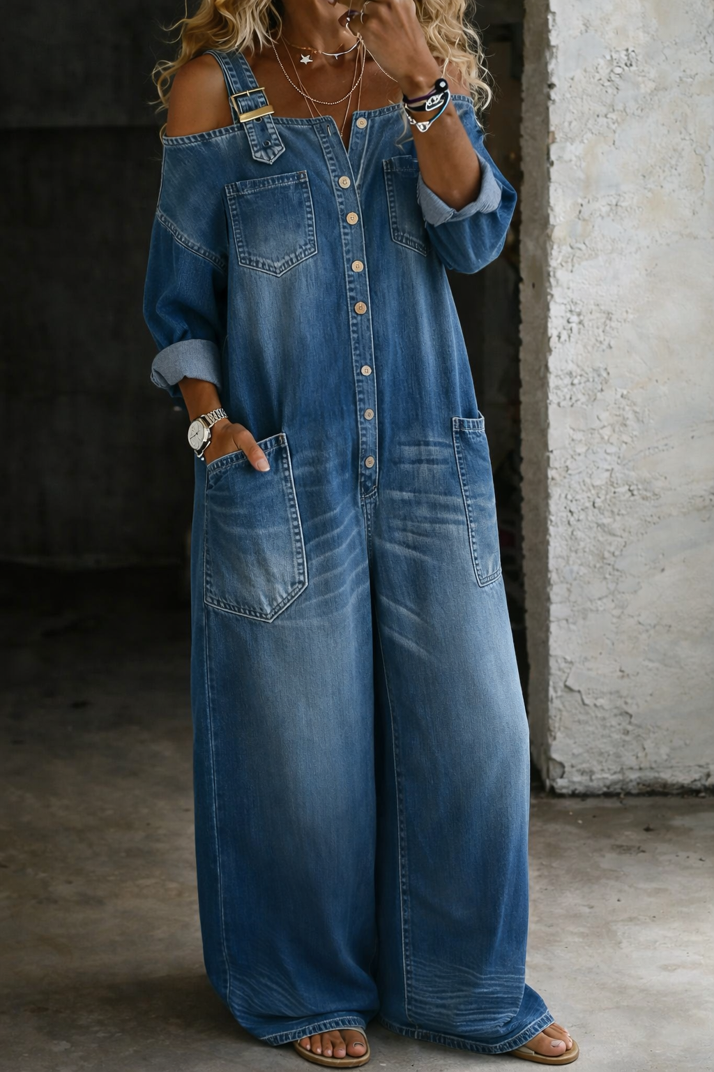 Blue off-shoulder denim overall with chest pockets, long button front, and wide shoulder straps