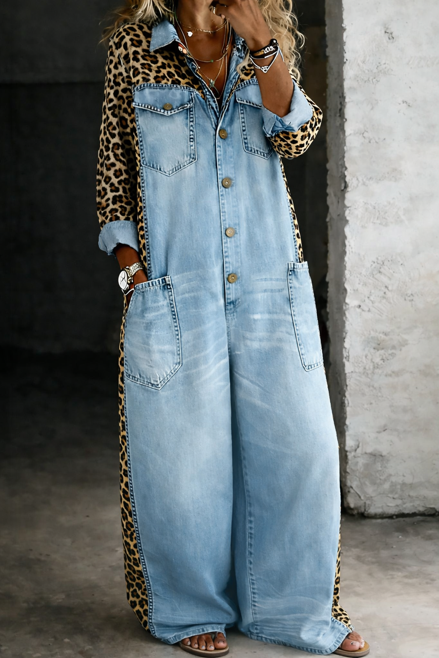 Light blue denim overall dress with button front and two chest pockets