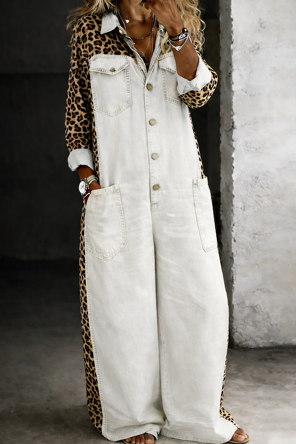 White denim overall with button front and large front patch pockets