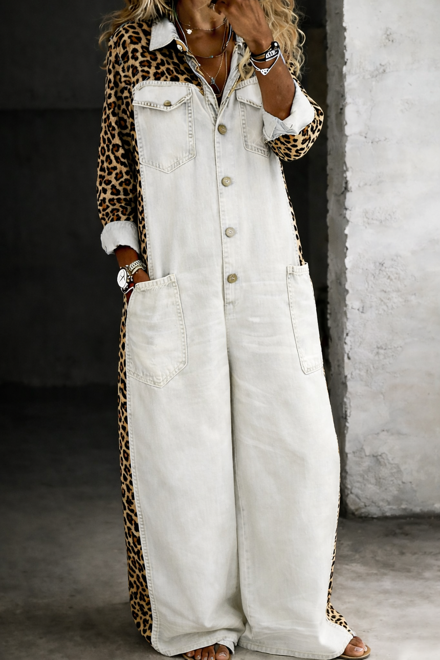 White denim overall with button front and large front patch pockets