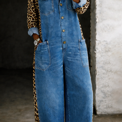 Medium blue denim overall with button placket and two patch pockets