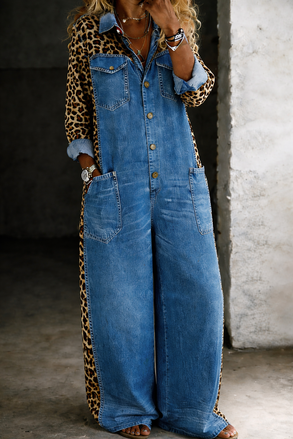 Medium blue denim overall with button placket and two patch pockets