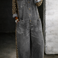 Charcoal grey denim overall with button front and chest patch pockets