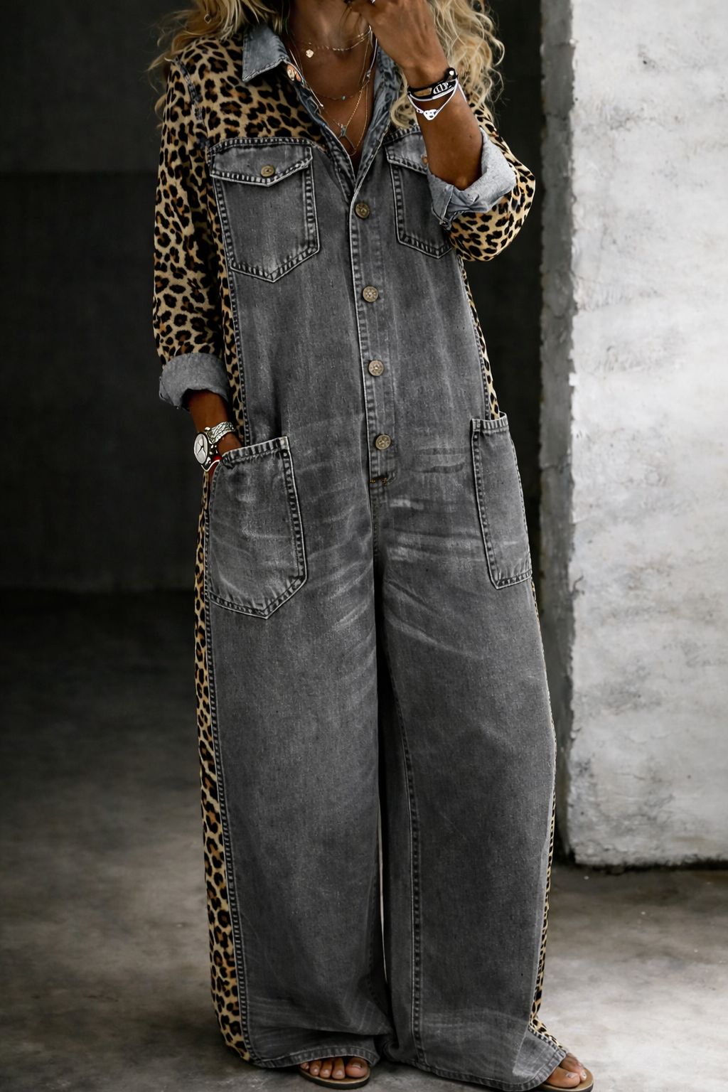 Charcoal grey denim overall with button front and chest patch pockets