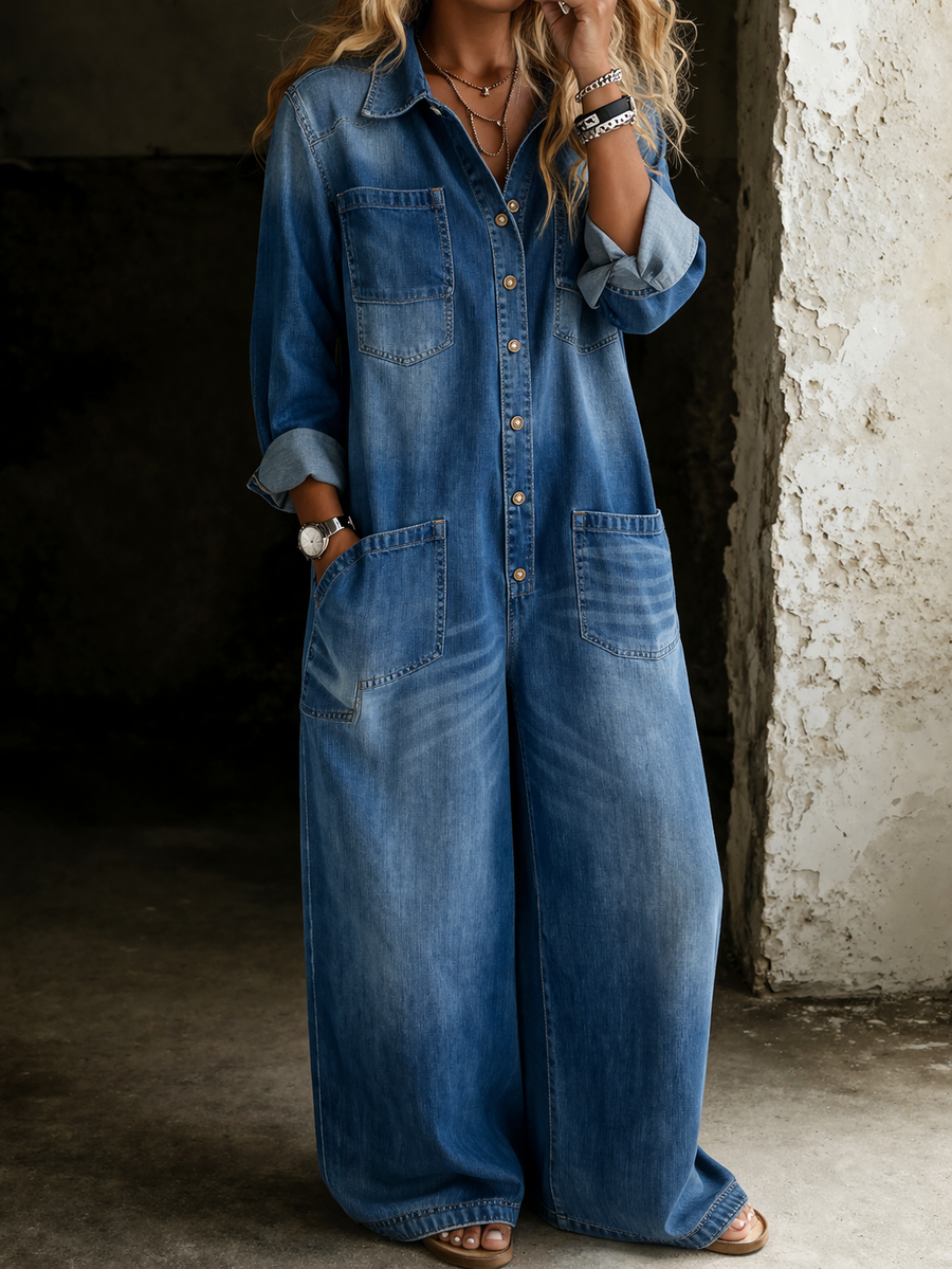 Blue denim overall with button-front, chest pockets, and long sleeves