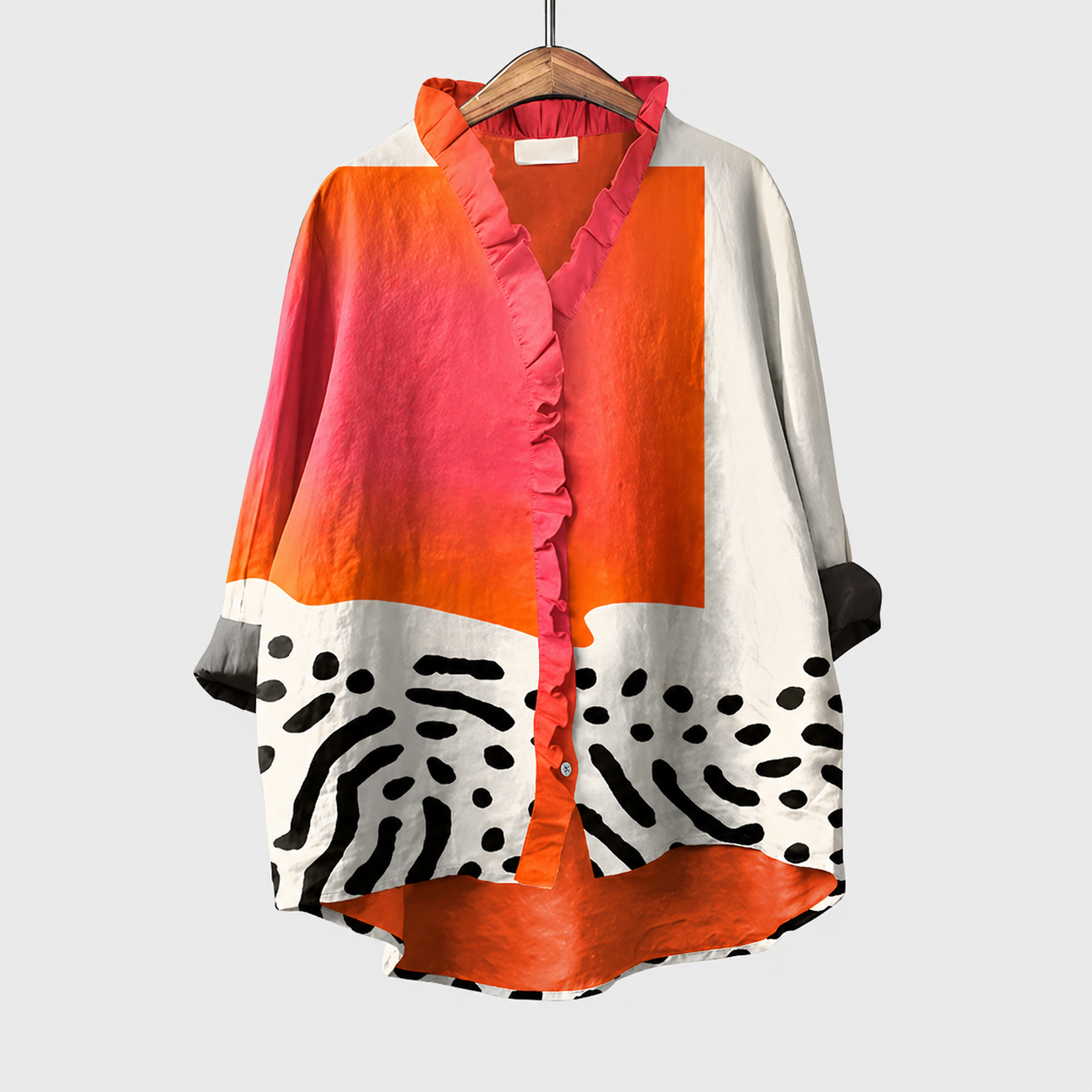 Blusa estiva elegante multicolore con scollo a V, volant frontali e maniche 3/4 a contrasto