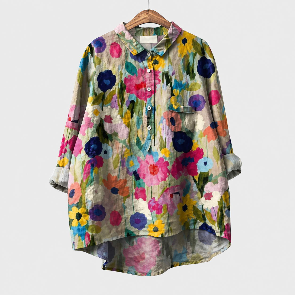 Blusa estiva in tessuto leggero, stampa floreale multicolore, maniche lunghe e bottoni