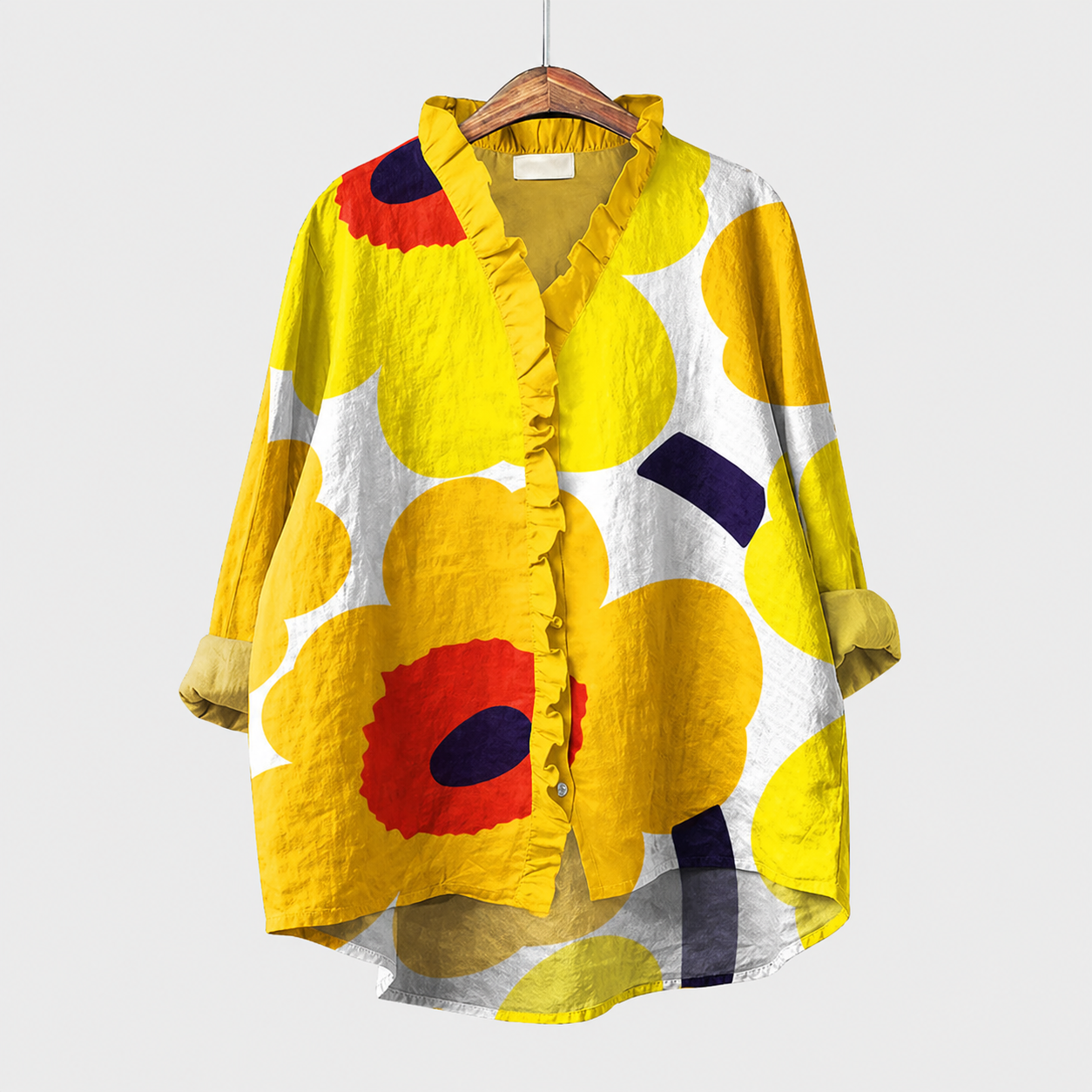Blusa estiva gialla con stampa geometrica, bottoni frontali e colletto, maniche lunghe