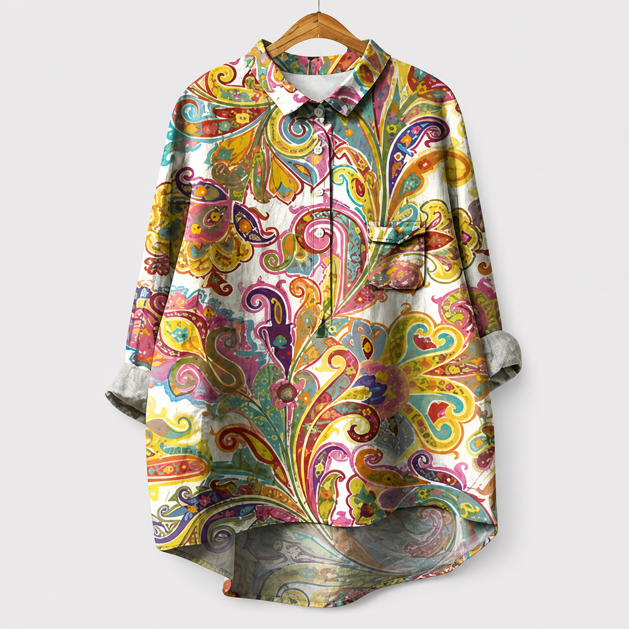 Blusa estiva elegante fantasia paisley multicolore, maniche lunghe, bottoni