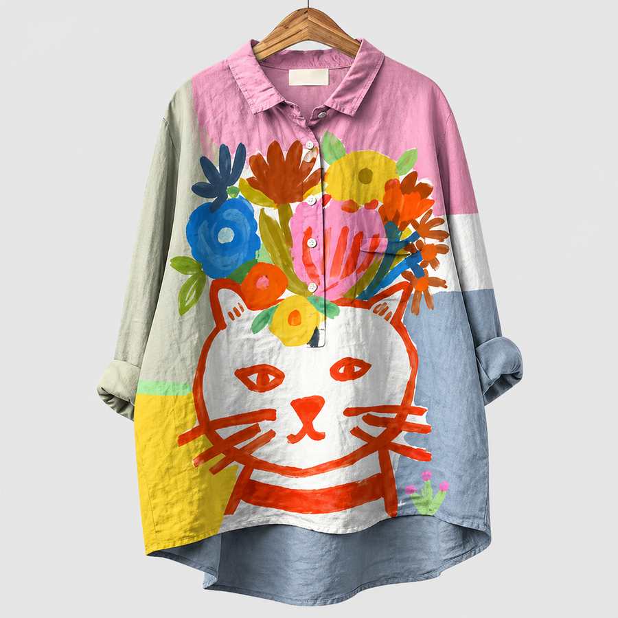 Blusa estiva con stampa gatto colorata, colletto e bottoni