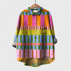 Ambra blusa estiva a righe multicolore con colletto e bottoni frontali, maniche lunghe