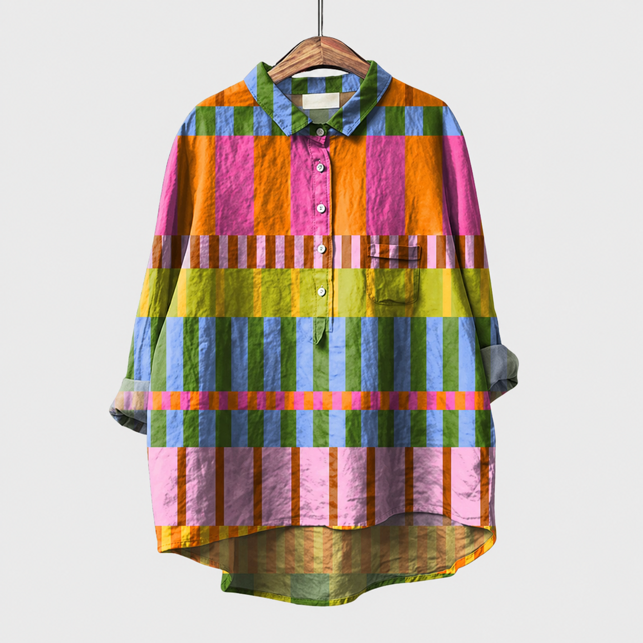 Ambra blusa estiva a righe multicolore con colletto e bottoni frontali, maniche lunghe
