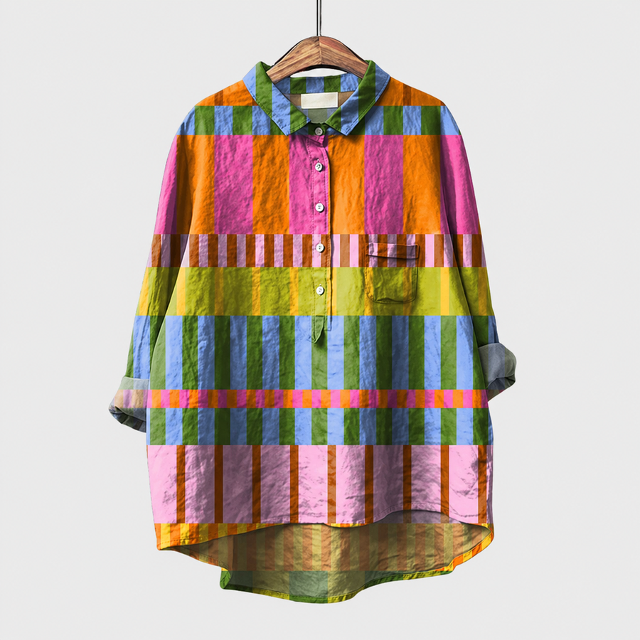 Ambra blusa estiva a righe multicolore con colletto e bottoni frontali, maniche lunghe