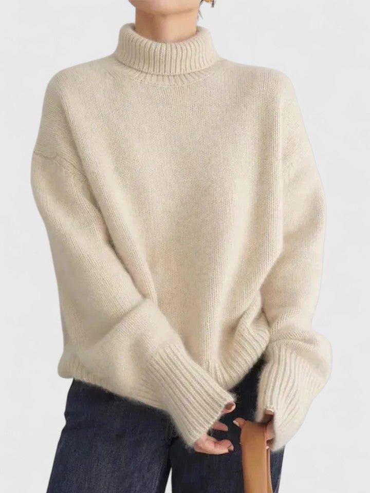 Beige turtleneck knit jumper with long sleeves and ribbed cuffs and hem