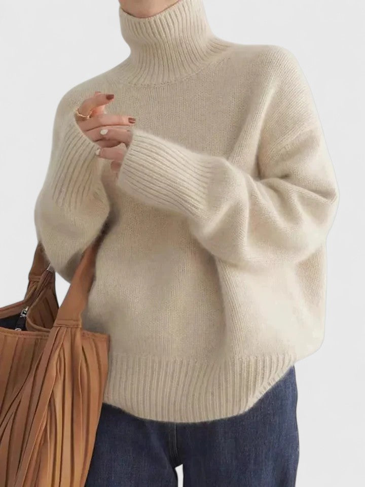Beige turtleneck knit jumper with long sleeves and ribbed hem and cuffs