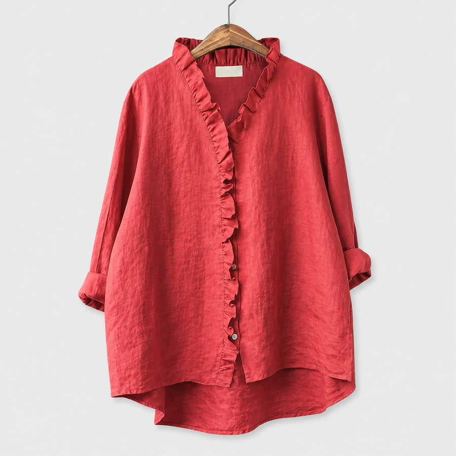 Blusa estiva rossa in tessuto leggero con scollo a V e bottoni davanti