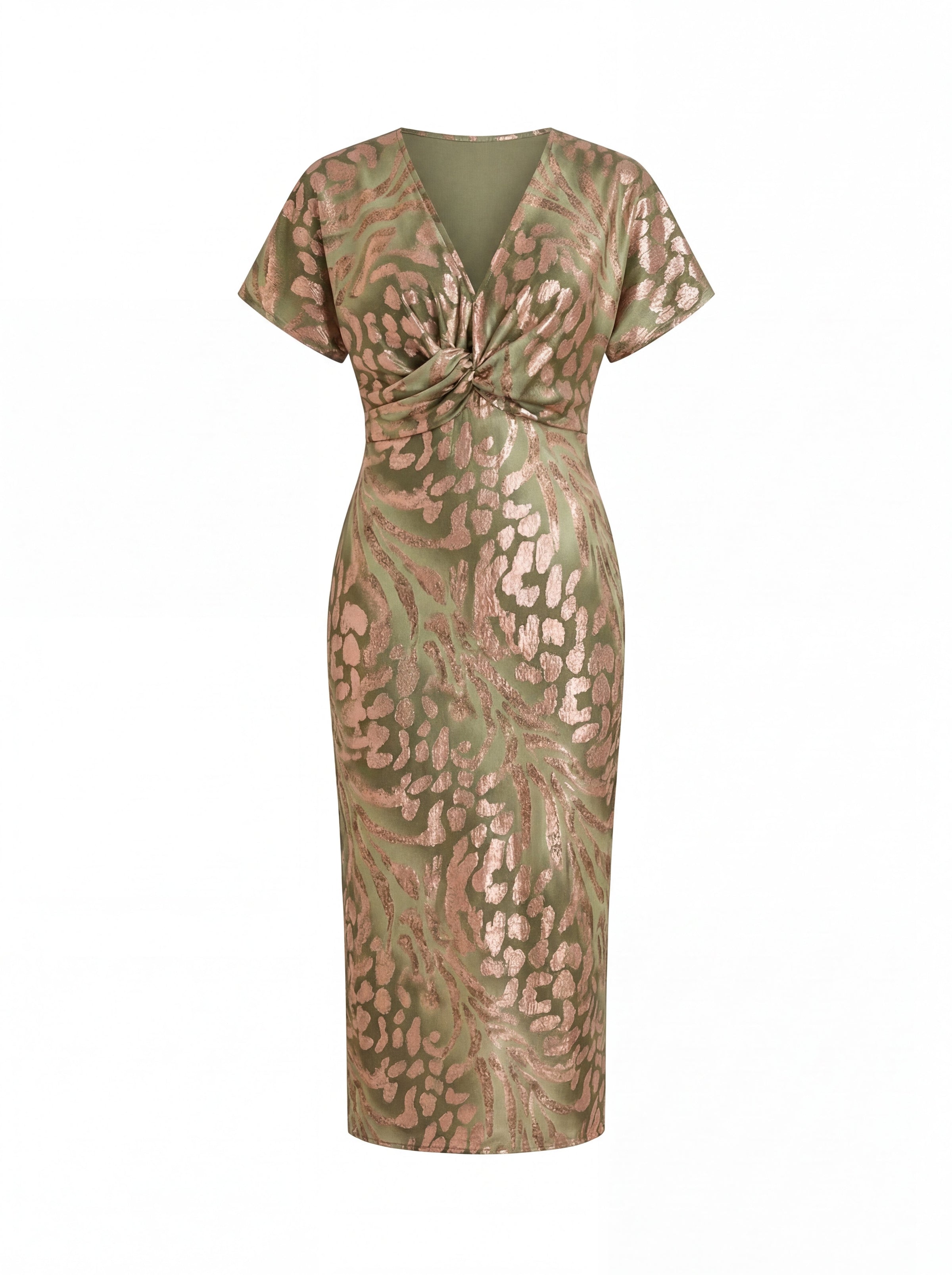 Vestito midi elegante con scollo a V, maniche corte e nodo in vita, fantasia verde e marrone