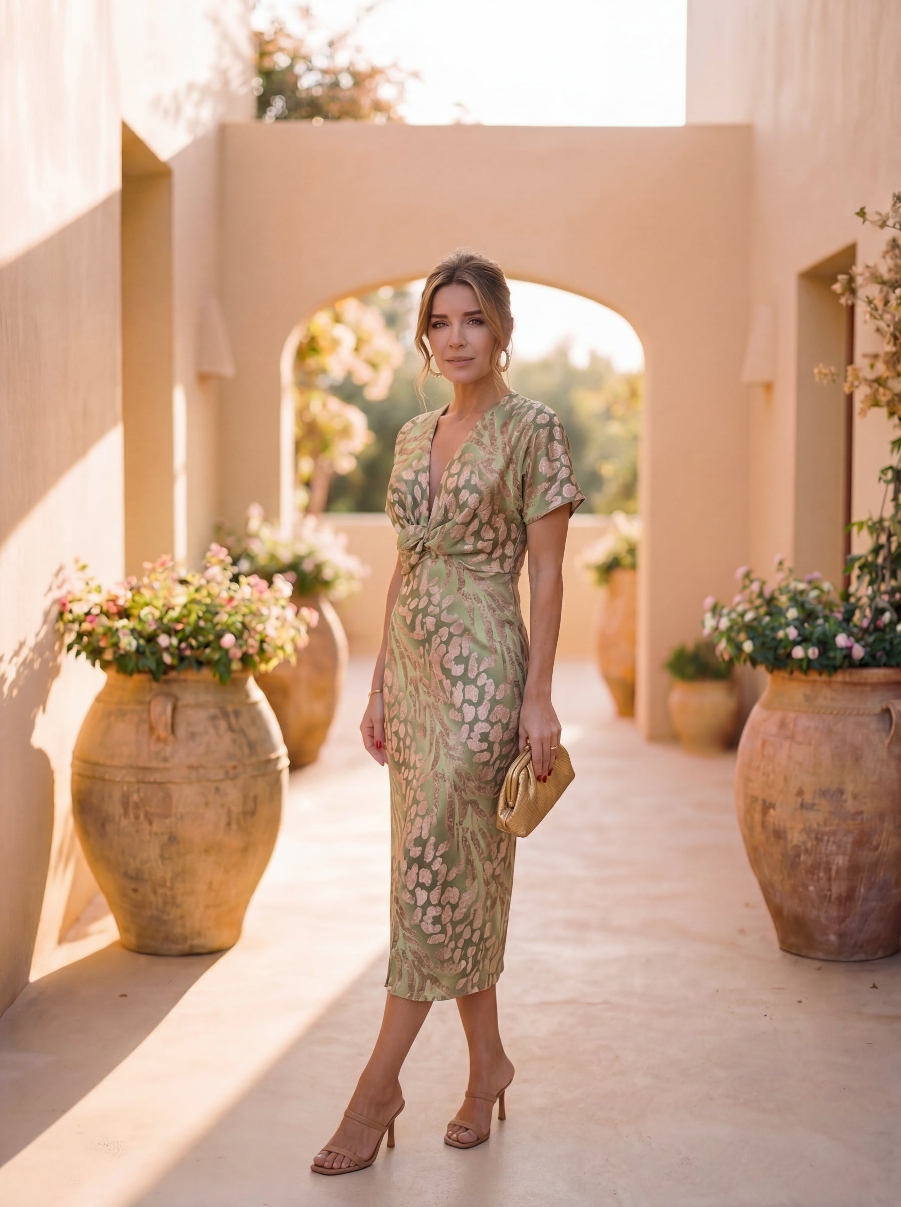 Vestito midi con scollo a V e maniche corte, nodo in vita, fantasia verde salvia e marrone