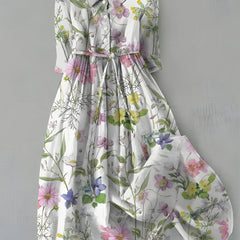 Mariposa™ floral dress with long sleeves, button-front, and waist belt; pastel flower print