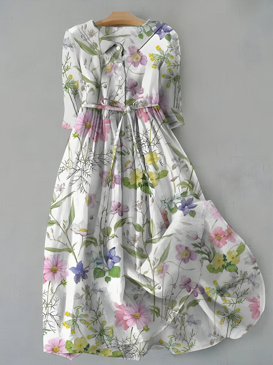 Mariposa™ floral dress with long sleeves, button-front, and waist belt; pastel flower print