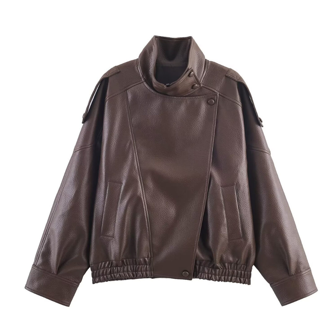 Dark brown faux leather jacket, stand collar, snap front, textured grain, elastic hem