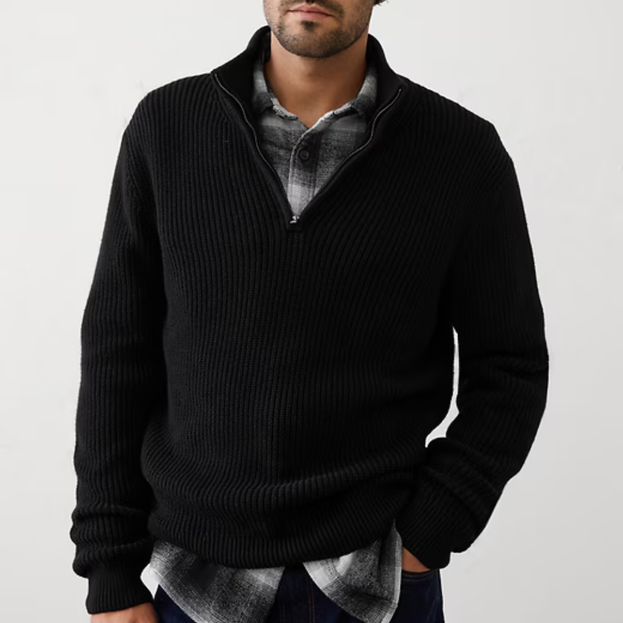 Men's textured half-zip sweater in black knit, ribbed collar, cuffs, and waistband