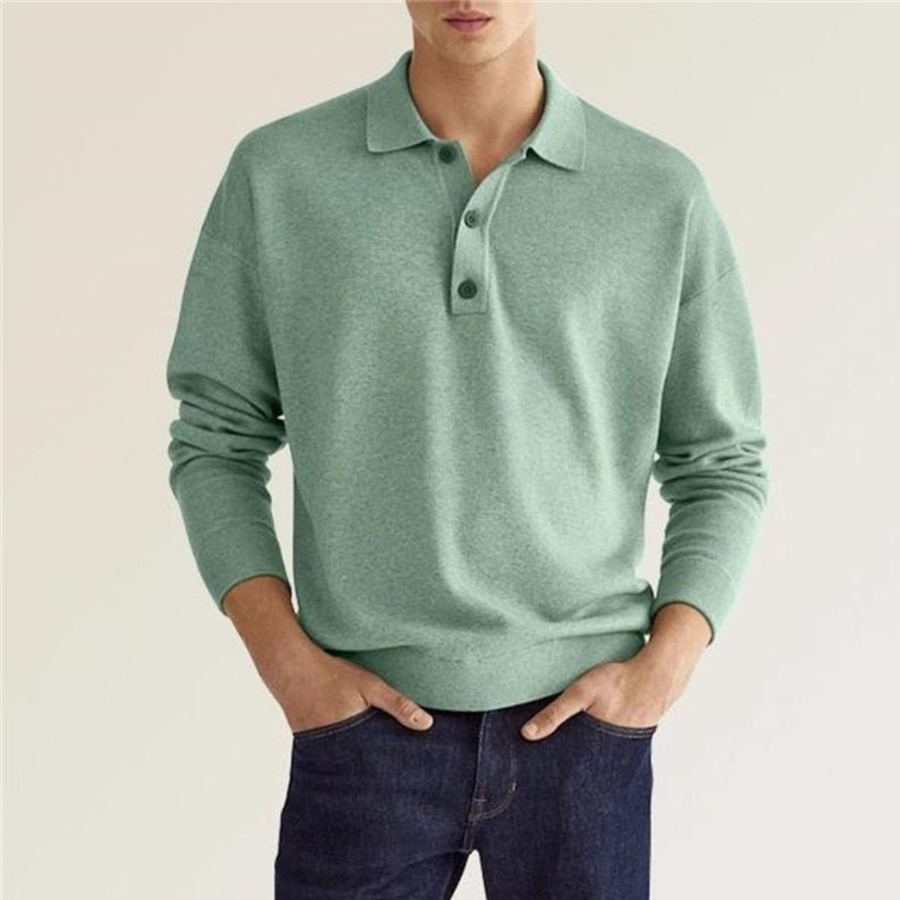 Green long-sleeve polo shirt with button placket and ribbed collar