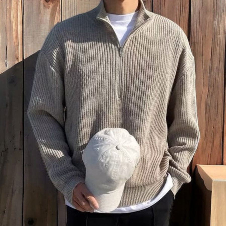 Men's beige ribbed knit half-zip sweater with stand collar