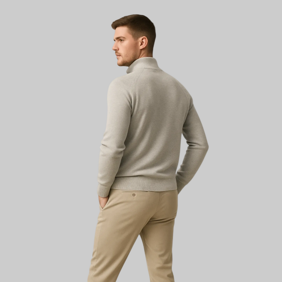 Light grey men’s half-zip pullover sweater from the back with ribbed hem