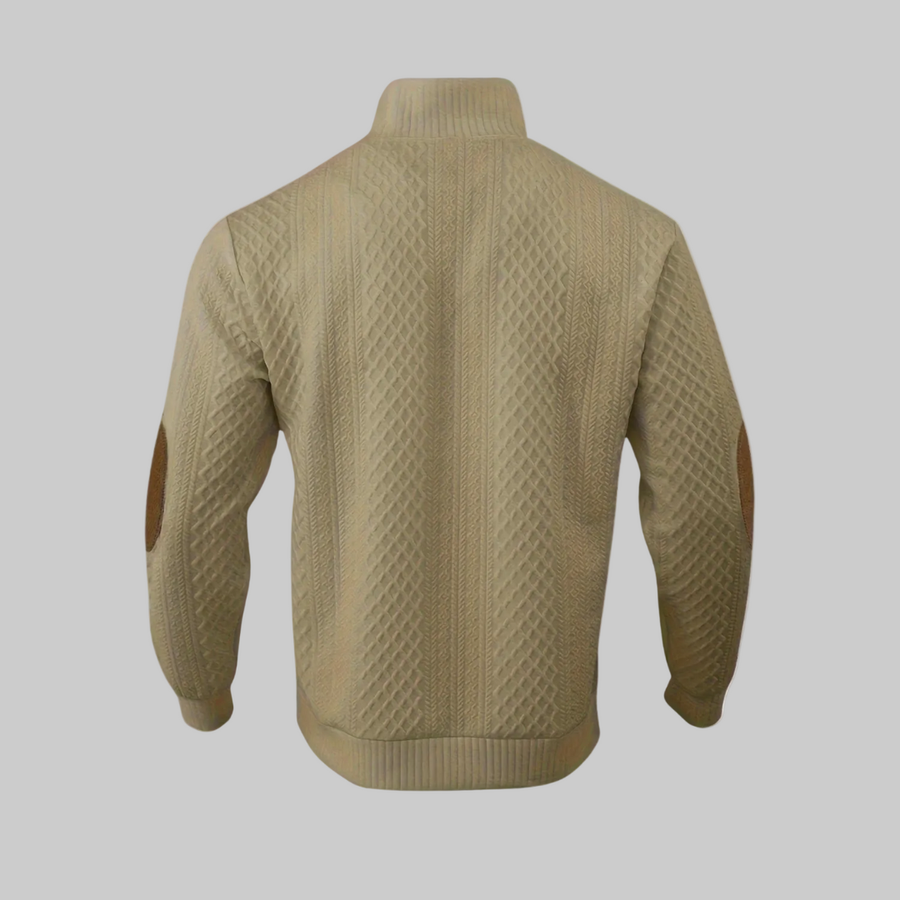 Men's textured high-neck knit sweater back view in beige, ribbed hem and cuffs
