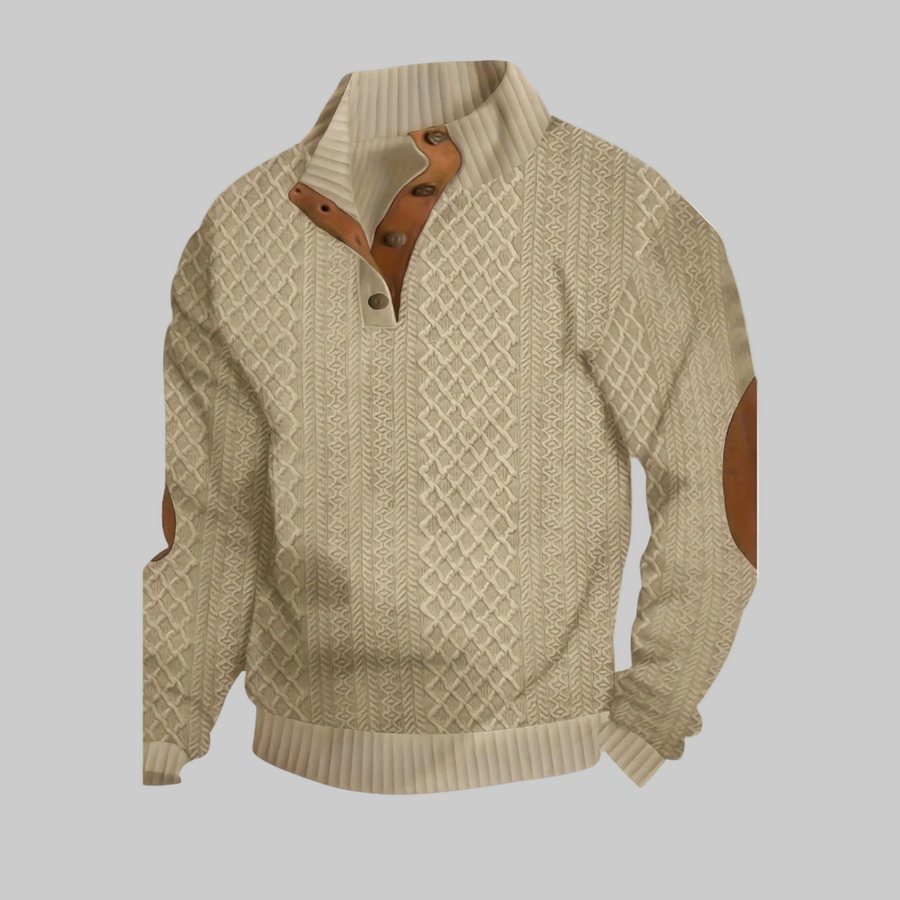 Men's textured high-neck sweater in beige, button placket, ribbed cuffs and hem