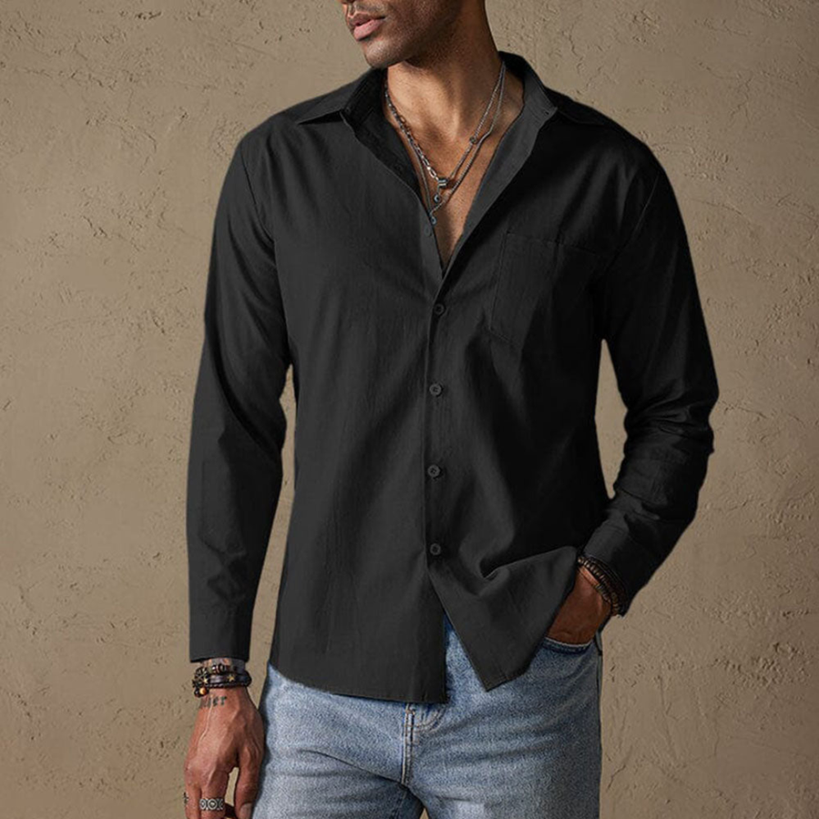 Men's long-sleeve casual shirt, black, button-front with pointed collar