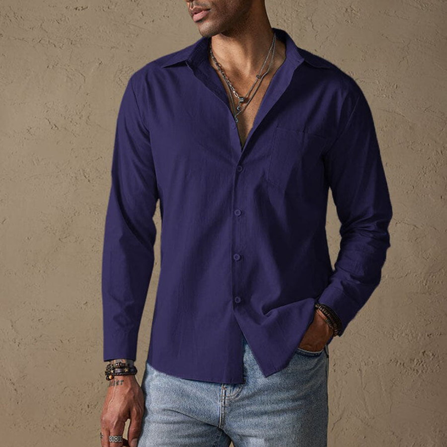 Men's long-sleeve casual shirt, dark blue, button-front with pointed collar