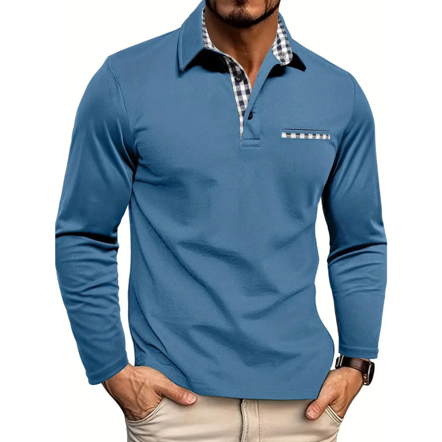 Blue long-sleeve polo shirt with checkered collar, half-zip placket, chest pocket trim