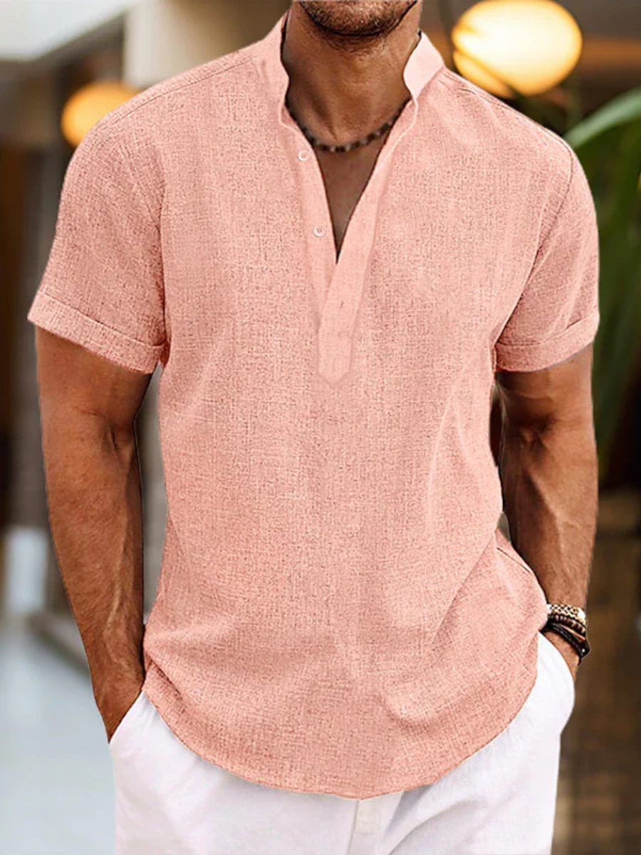 Men's casual short-sleeve polo shirt, pink, button placket and fold-over collar.