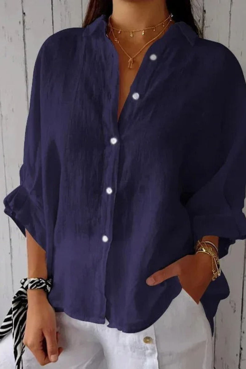 Women’s long-sleeve button-up shirt, navy blue with classic collar and front buttons