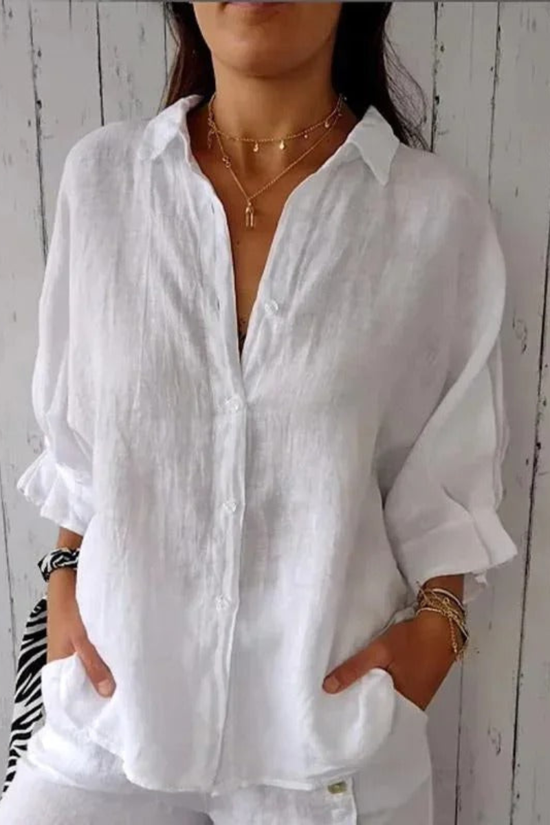 Women’s long-sleeve button-up shirt, white with classic collar and front buttons
