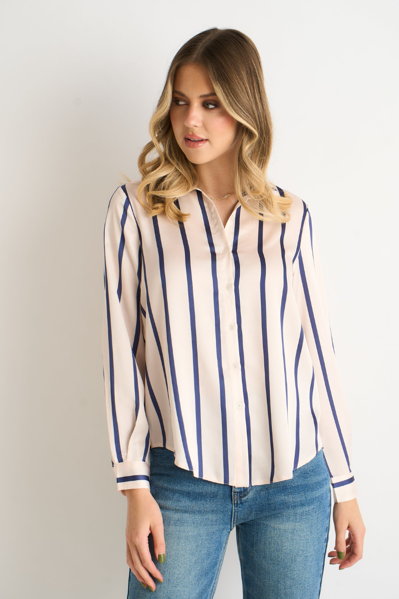 Women’s striped long-sleeve shirt with blue vertical stripes and button front