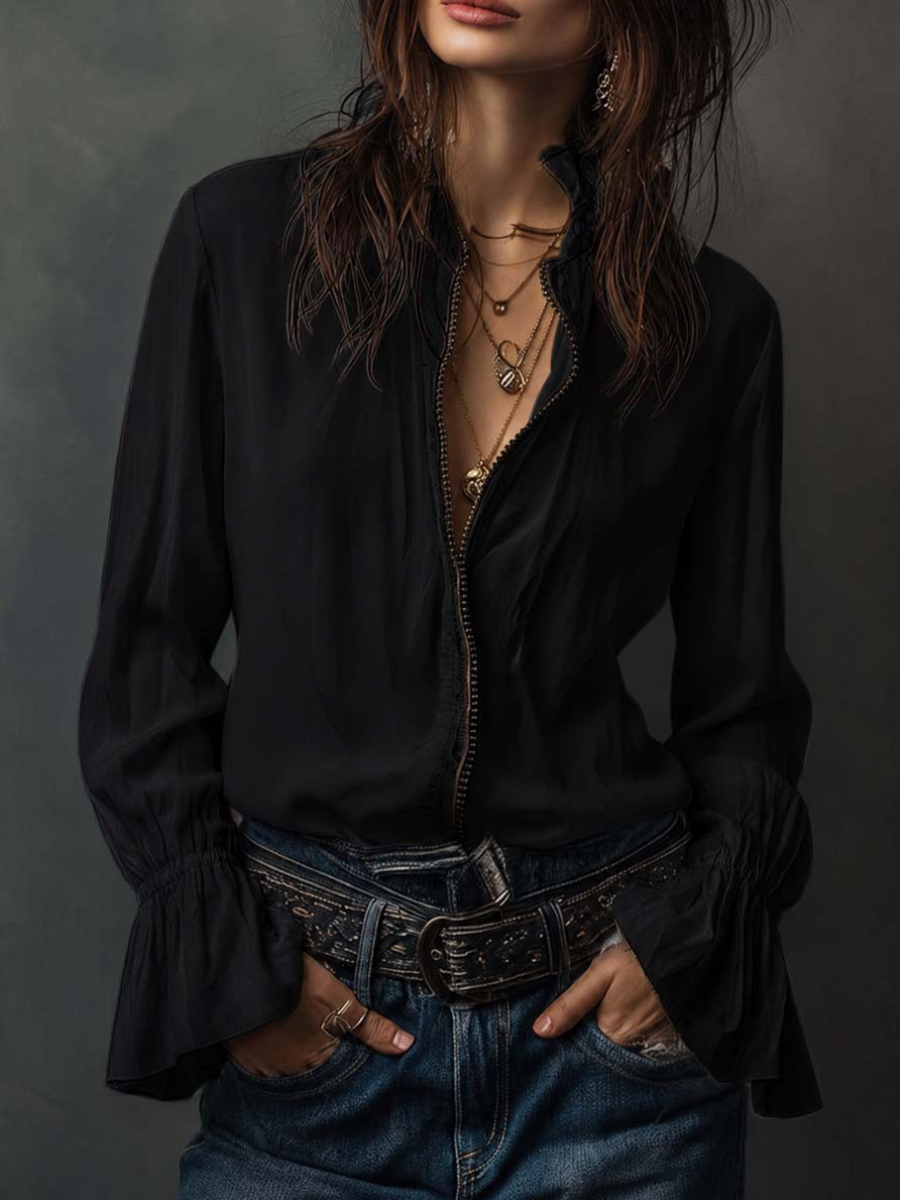 Women’s Zip Front Blouse | Flounce Sleeve