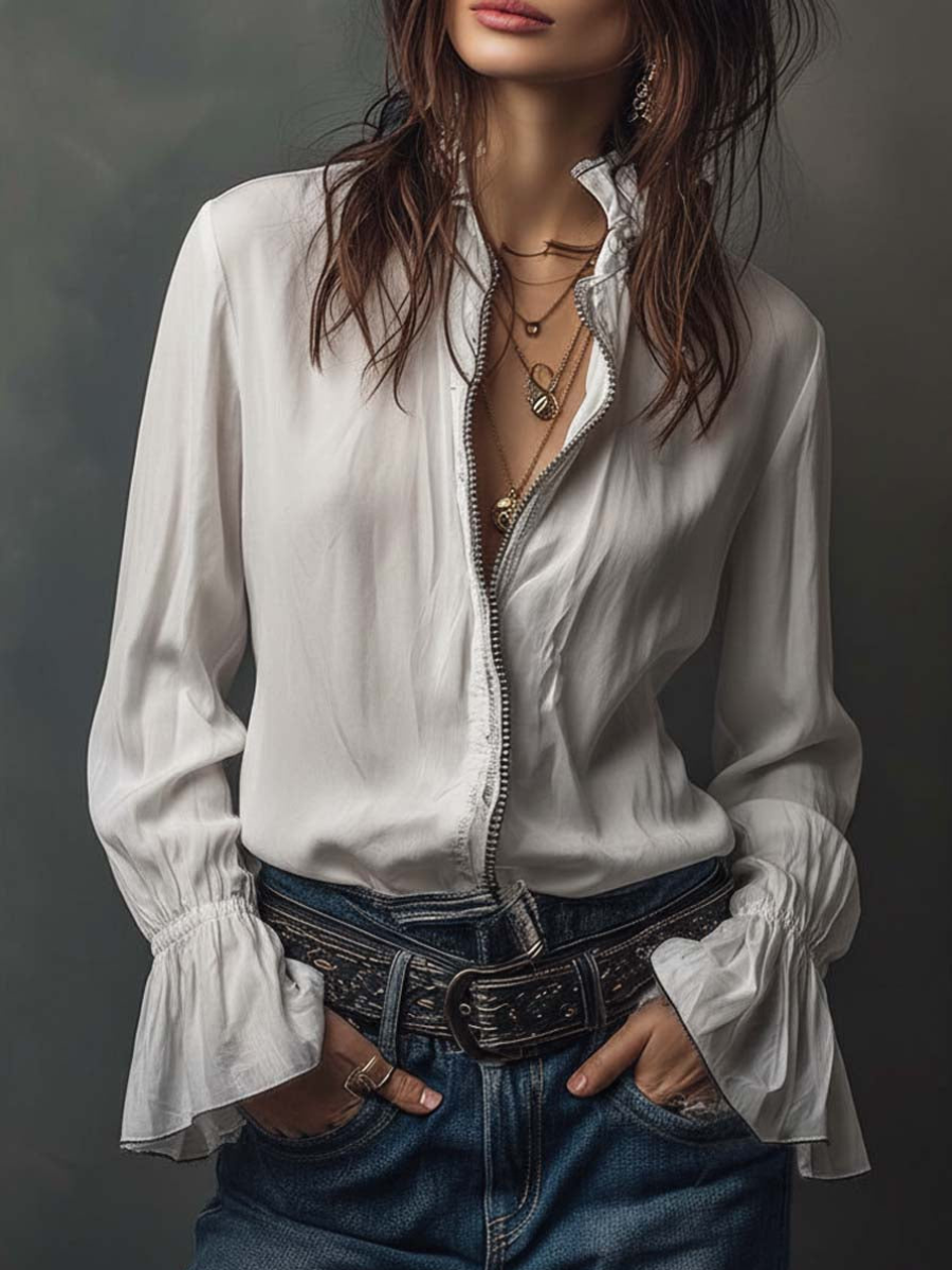 White zip-front blouse with flounce sleeves and split V-neck