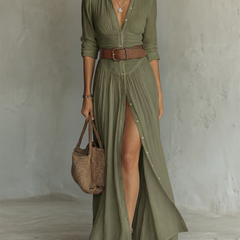 VICTORIA green pleated maxi dress, button front, V-neck, long sleeves, side slit