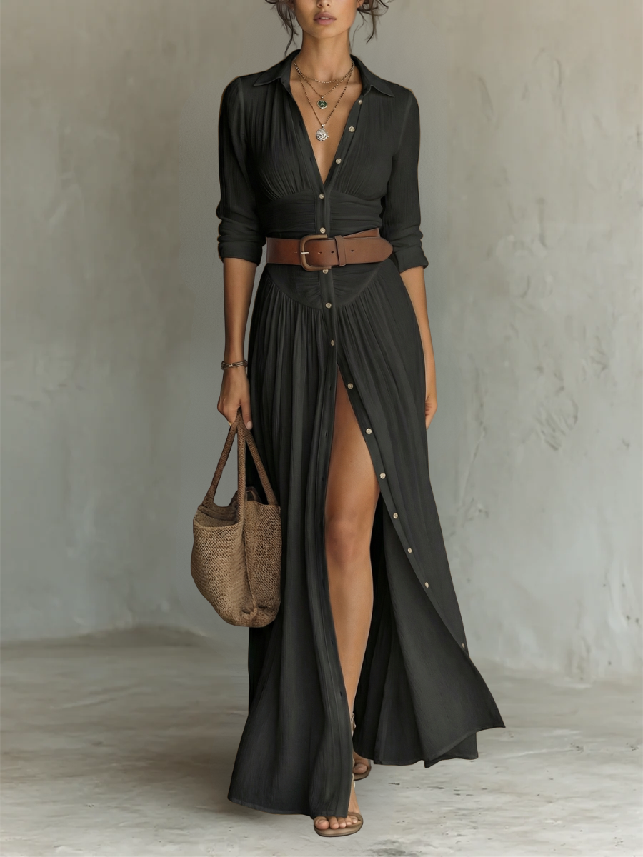 VICTORIA black pleated maxi dress with V-neck, button front, belted waist, side slit