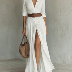 VICTORIA white pleated maxi dress with V-neck, button front, long sleeves, side slit