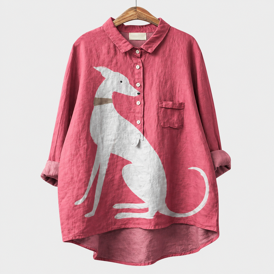 Blusa estiva rosa con stampa di gatto bianco, bottoni frontali e tasca sul petto