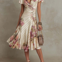 Ruched wrap midi dress in cream with pink floral print and short flutter sleeves