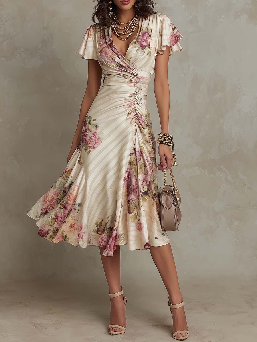 Ruched wrap midi dress in cream with pink floral print and short flutter sleeves